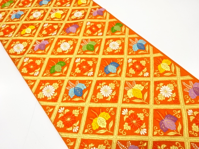 斜め格子に桐・菊模様織り出し　袋帯